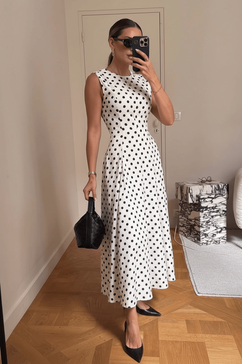 Robe Midi À Pois — Popeline